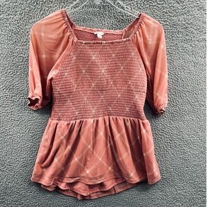 Womens Smocked Peplum Top M Pink Puff Sleeve Cottagecore Boho‎ Romantic Blouse